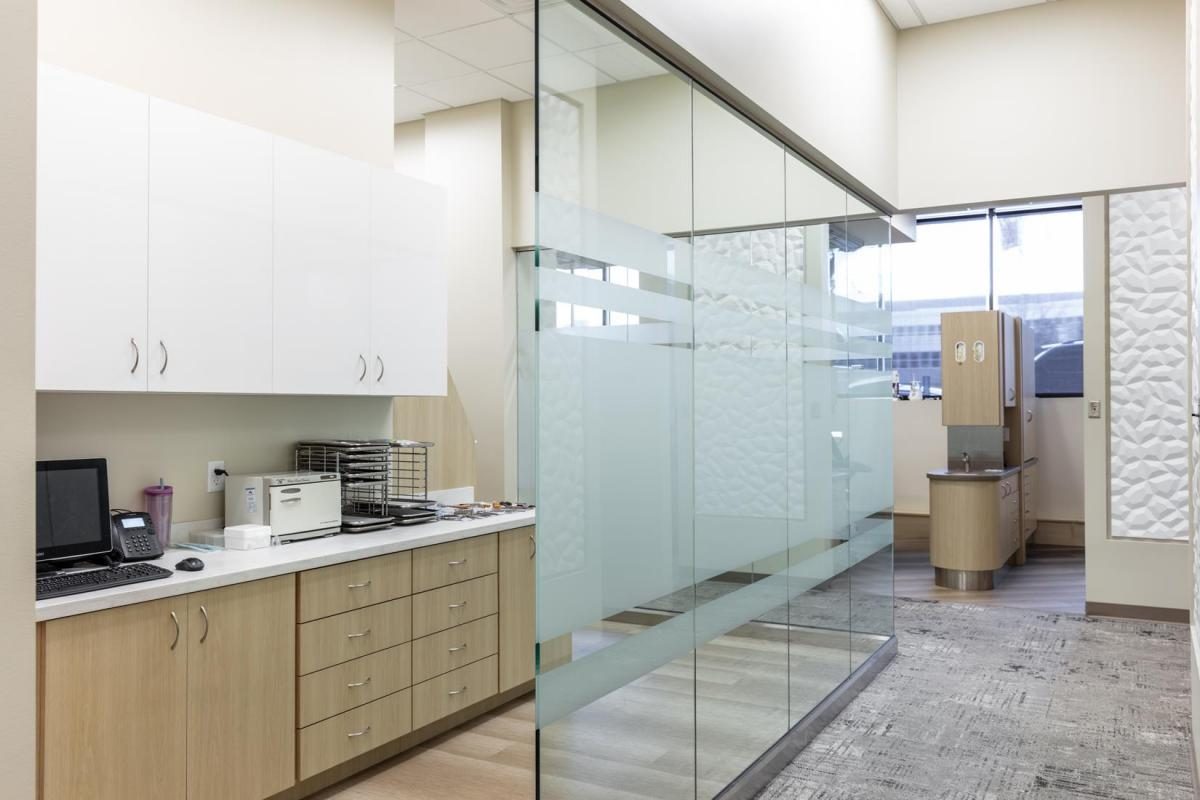 Frosted glass hallway inside City Creek Dental