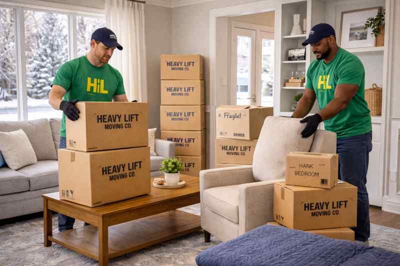 Boxes packed and labeled for moving